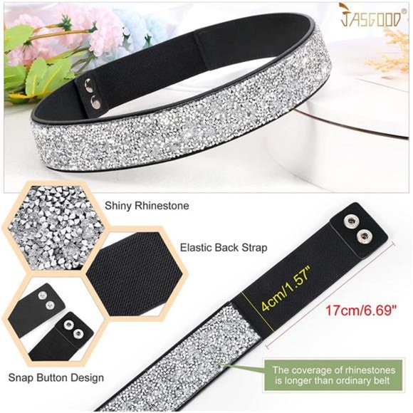 JASGOOD Rhinestone Elastic Belt, Stretchy Shiny Crystal Belt Bling Wide Waist